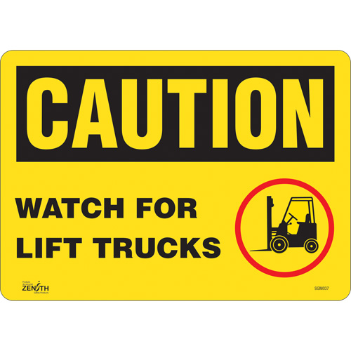 Enseigne Watch For Lift Trucks, 10" x 14", Vinyle, Anglais avec pictogramme - Produits de sécurité Zenith 