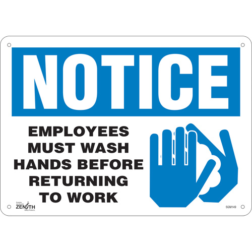 Enseigne Employees Must Wash Hands, 10" x 14", Plastique, Anglais avec pictogramme - Produits de sécurité Zenith 