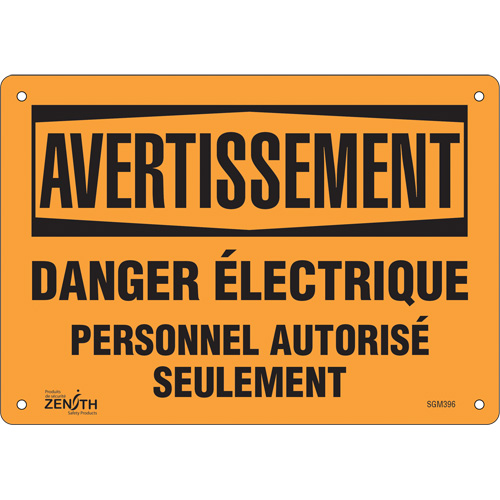 Enseigne Danger &eacute;lectrique, 7" x 10", Plastique, Français - Produits de sécurité Zenith 