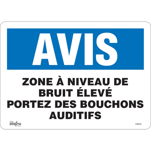 Enseigne Portez Des Bouchons Auditifs, 10" x 14", Vinyle, Français - Produits de sécurité Zenith 
