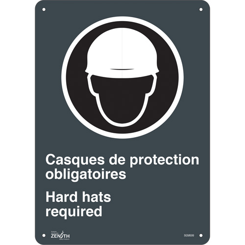 Enseigne Hard Hats Required, 14" x 10", Aluminium, Bilingue avec pictogramme - Produits de sécurité Zenith 