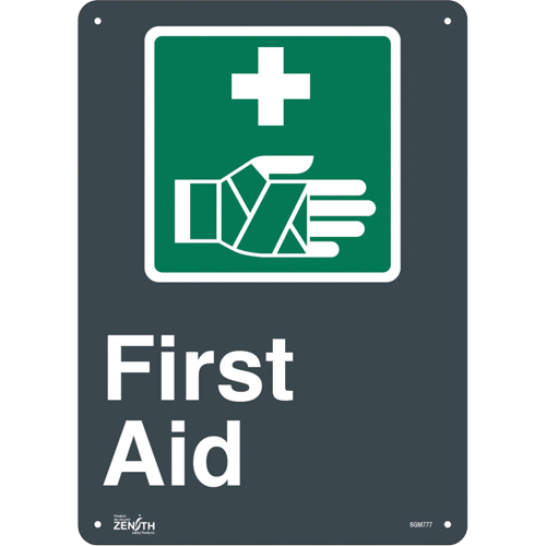 Enseigne First Aid, 14" x 10", Aluminium, Anglais avec pictogramme - Produits de sécurité Zenith 