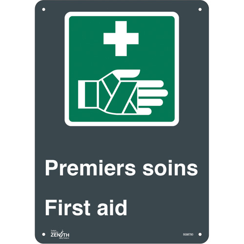 "Premier Soins/First Aid" Sign, 14" x 10", Aluminum, Bilingual with Pictogram - Zenith Safety Products 