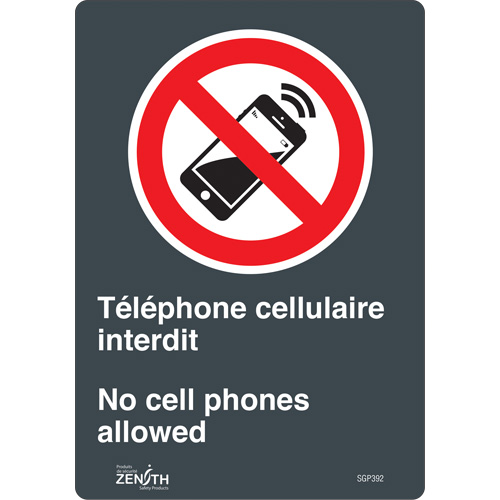 "T&eacute;l&eacute;phone cellulaire interdit /No Cell Phones" Sign, 10" x 7", Vinyl, Bilingual with Pictogram - Zenith Safety Products 