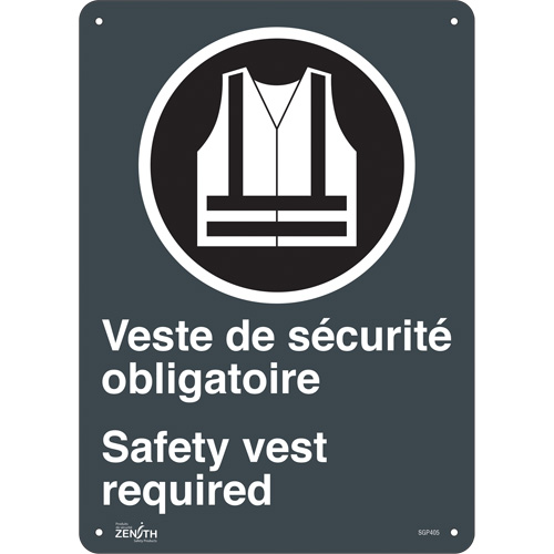 "Port du dossard obligatoire/Safety Vest Required" Sign, 14" x 10", Aluminum, Bilingual with Pictogram - Zenith Safety Products 