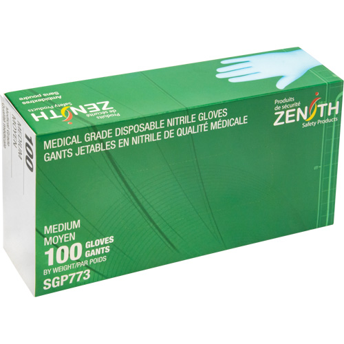 Gants jetables de calibre m&eacute;dical r&eacute;sistants &agrave; la perforation, Moyen, Nitrile, 4,5 mils, Sans poudre, Bleu, Classe 2 - Produits de sécurité Zenith 
