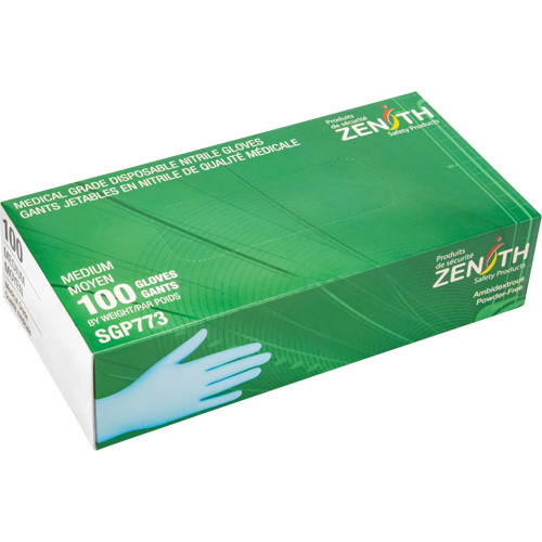 Gants jetables de calibre m&eacute;dical r&eacute;sistants &agrave; la perforation, Moyen, Nitrile, 4,5 mils, Sans poudre, Bleu, Classe 2 - Produits de sécurité Zenith 