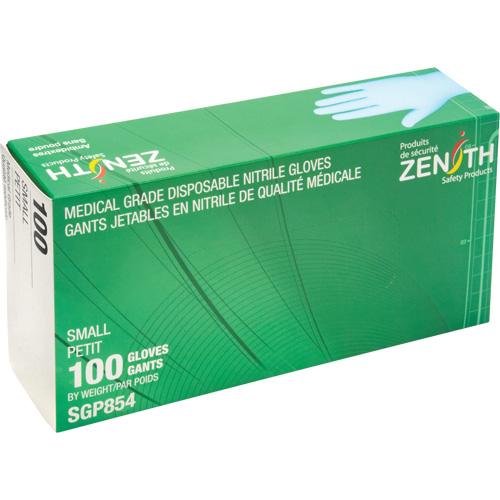 Gants jetables de calibre m&eacute;dical r&eacute;sistants &agrave; la perforation, Petit, Nitrile, 3,5 mils, Sans poudre, Bleu, Classe 2 - Produits de sécurité Zenith 