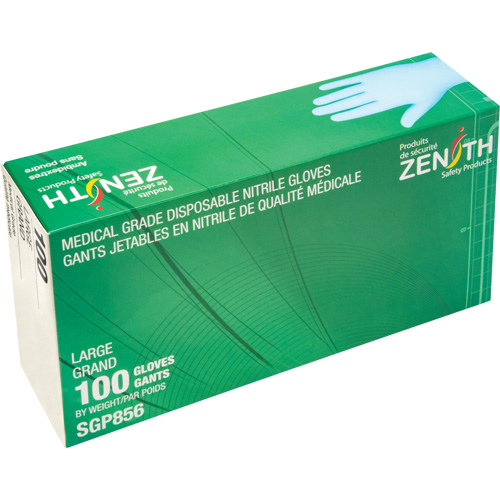 Gants jetables de calibre m&eacute;dical r&eacute;sistants &agrave; la perforation, Grand, Nitrile, 3,5 mils, Sans poudre, Bleu, Classe 2 - Produits de sécurité Zenith 