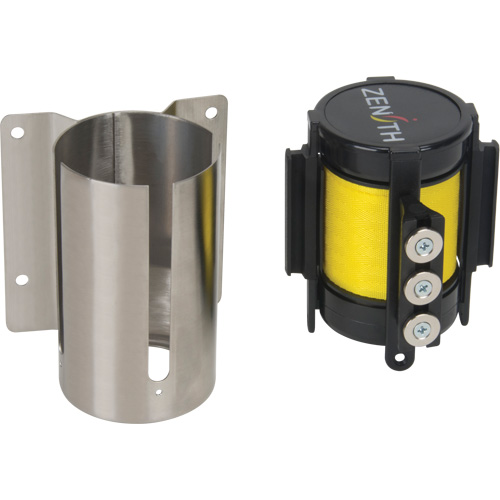 Barri&egrave;re &agrave; fixation murale avec ruban magn&eacute;tique, Acier, Fixation par vis, 12', Ruban Jaune - Produits de sécurité Zenith 
