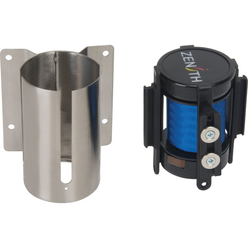 Barri&egrave;re &agrave; fixation murale avec ruban magn&eacute;tique, Acier, Fixation par vis, 7', Ruban Bleu - Produits de sécurité Zenith 