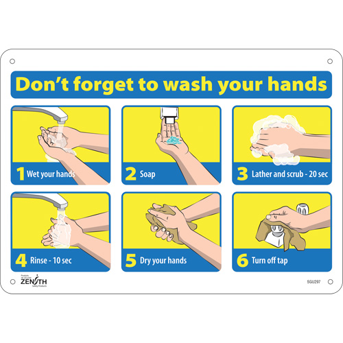 Enseigne avec pictogramme "Don't Forget to Wash Your Hands", 10" x 14", Plastique, Anglais avec pictogramme - Produits de sécurité Zenith 