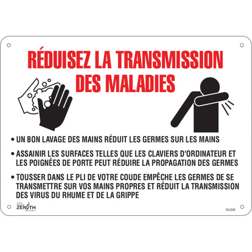 Enseigne  R&eacute;duisez la transmission des maladies , 10" x 14", Aluminium, Français avec pictogramme - Produits de sécurité Zenith 
