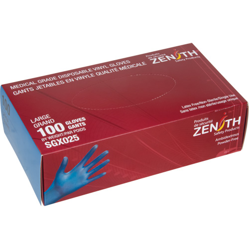 Gants jetables de calibre m&eacute;dical, Grand, Vinyle, 4,5 mils, Sans poudre, Bleu, Classe 2 - Produits de sécurité Zenith 