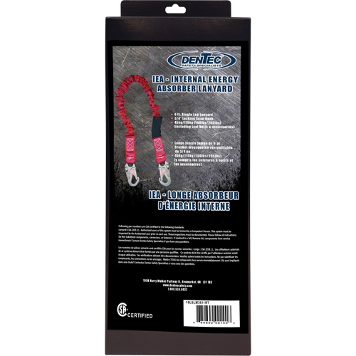 ShockSorb Internal Shock Lanyard, 6', Snap Hook Center, Snap Hook Leg Ends, Polyester - Dentec 16LSLM3611RT