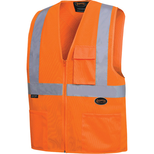 6962 Gilet de s&eacute;curit&eacute; &agrave; fermeture &eacute;clair avant et bandes r&eacute;fl&eacute;chissantes de 2", Orange haute visibilit&eacute;, T-Grand, Polyester - Pioneer V1030850-XL