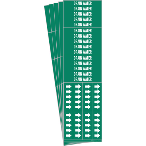 "Drain Water" Pipe Markers, Self-Adhesive, 2-1/4" H x 2-3/4" W, White on Green - Brady 7092-3C-PK