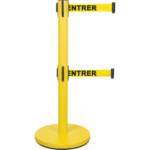 Barri&egrave;re pour le contr&ocirc;le des foules &agrave; courroie double, Acier, 35" h, Ruban Jaune, Longueur du ruban 7' - Produits de sécurité Zenith 