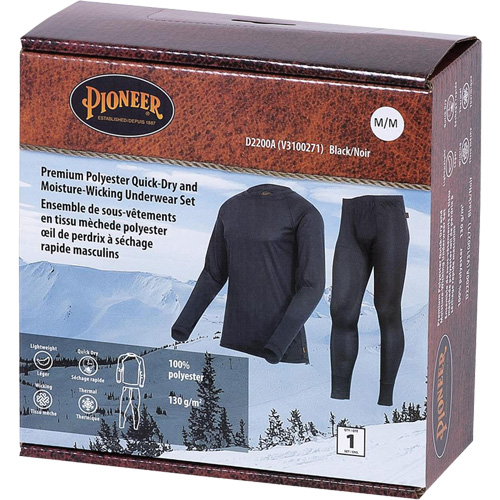 D2200A Ensemble de sous-v&ecirc;tements &agrave; s&eacute;chage rapide et &eacute;vacuation de l'humidit&eacute; de premi&egrave;re qualit&eacute;, Hommes, T-petit, Noir - Pioneer V3100271-XS