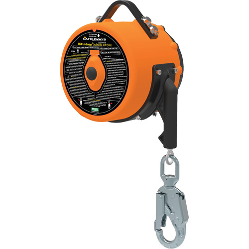 Latchways Sealed Self-Retracting Lanyard, 85', 1 Leg, Stainless Steel Cable, Snap Hook Harness Connector - MSA 62826-00CA
