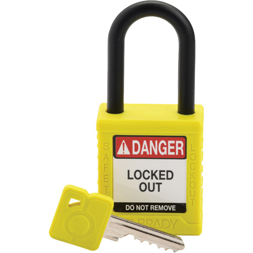 Cadenas de verrouillage de s&eacute;curit&eacute; Velocity, Jaune, Cl&eacute;s diff&eacute;rentes, Nylon, Largeur de 1-1/2" - Brady SDPL-YLW-38PL-KD