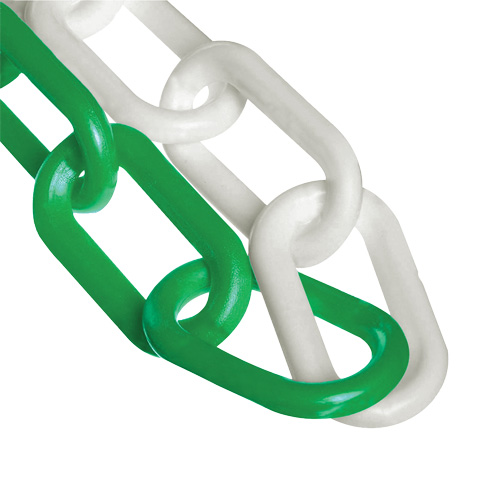 Chaîne de barri&egrave;re en plastique &agrave; deux couleurs, Vert/Blanc, Maillon de 2", 500' de long - Mr. Chain 50033-500