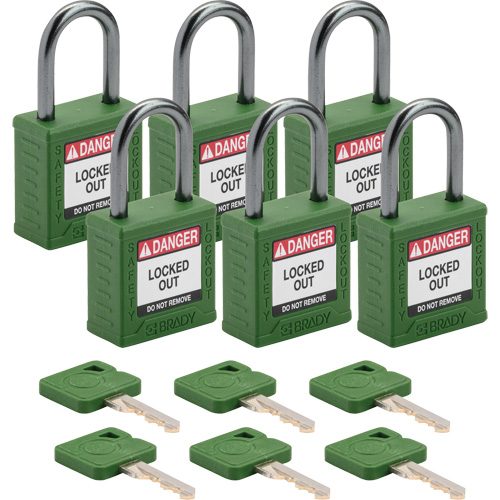 Velocity Compact Safety Lockout Padlocks, Green, Keyed Different, Nylon, 1-1/4" Width - Brady CPPL-GRN-25AL-KD6