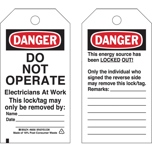 Lockout Tags, Plastic, 3" W x 5-3/4" H, English - Brady 66056