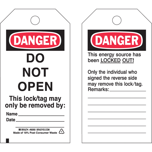 Lockout Tags, Plastic, 3" W x 5-1/2" H, English - Brady 65534