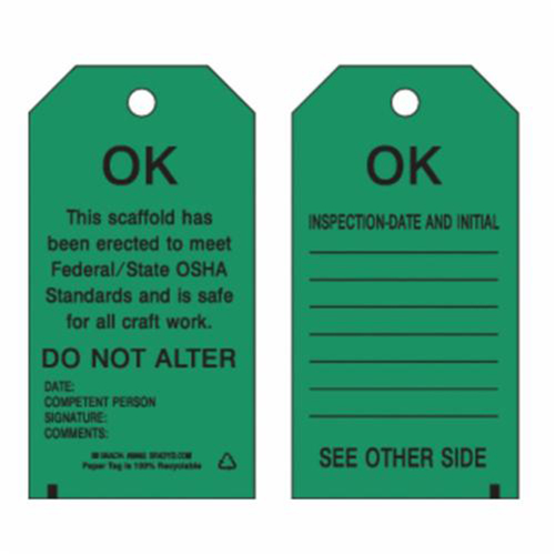 Scaffold Safety Tags, Paper, 3" W x 5-3/4" H, English - Brady 86682