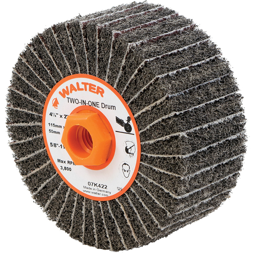 Two-In-One Finishing Drums, 4-1/2" Dia. x 2" W, 5/8"-11 Arbor, Aluminum Oxide - Walter Surface Technologies 07K422
