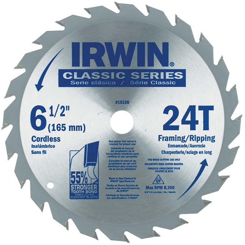 Lames de scie pour entrepreneur - Lames de scie de s&eacute;rie classique, 6-1/2", 24 dents, Pour Bois - Irwin 15120