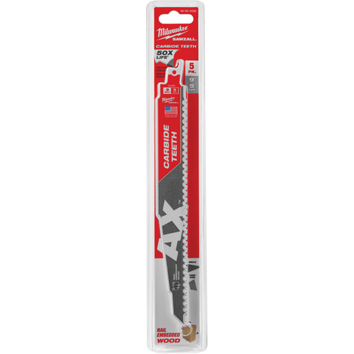 AX Reciprocating Saw Blade, Carbide, 5 TPI, 9" L x 1" W - Milwaukee 48-00-5526