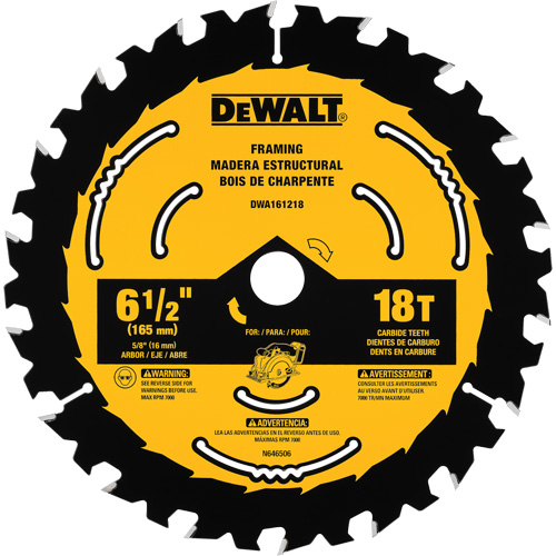 Framing Circular Saw Blade, 6-1/2", 18 Teeth, Wood Use - DEWALT DWA161218