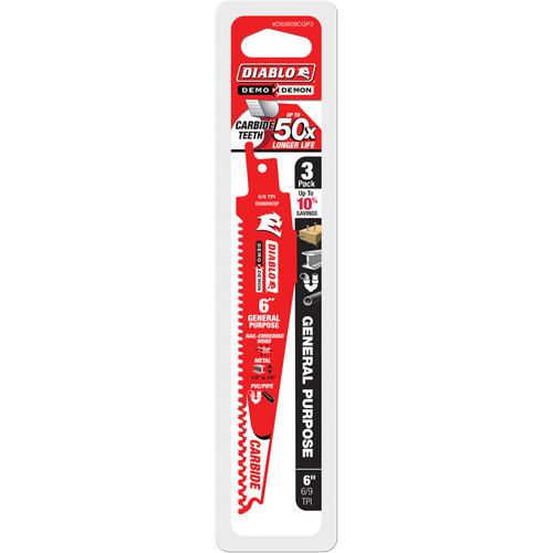 Lame de scie alternative tout usage, Carbure, 6-9 Dents par pouce, 6" lo x 1" la - Diablo DS0609CGP3C