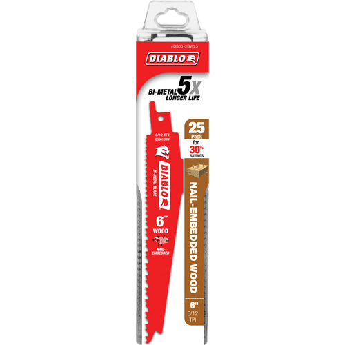 Lame de scie alternative pour le bois avec clous, Bim&eacute;tal, 6-12 Dents par pouce, 6" lo x 1" la - Diablo DS0612BW25C
