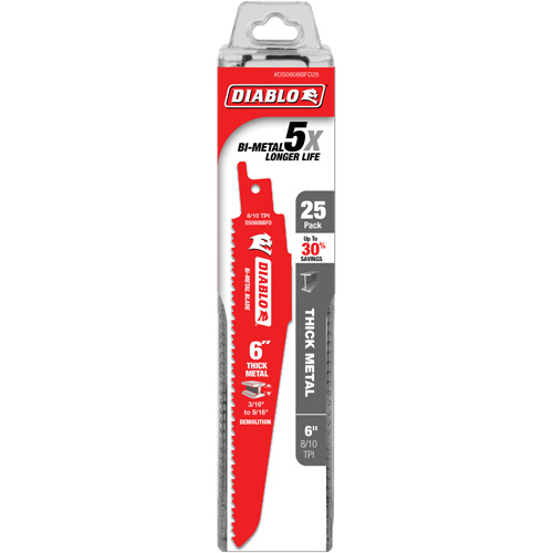 Lame de scie alternative pour la d&eacute;molition et les m&eacute;taux &eacute;pais, Bim&eacute;tal, 8-10 Dents par pouce, 6" lo - Diablo DS0608BFD25C