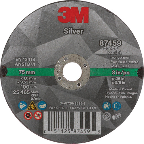 Meule &agrave; tronçonner Silver, 3" x 0,06", Arbre de 3/8"-24, Type 1, C&eacute;ramique, 25645 Tr/min - 3M AB87459
