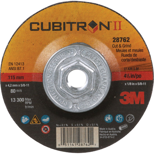 Cubitron II Quick Change Cut & Grind Wheel, 4-1/2" x 1/8", 5/8"-11 Arbor, Type 27, Ceramic - 3M AB28762