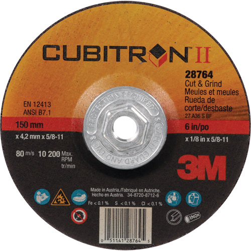Cubitron II Quick Change Cut & Grind Wheel, 6" x 1/8", 5/8"-11 Arbor, Type 27, Ceramic - 3M AB28764