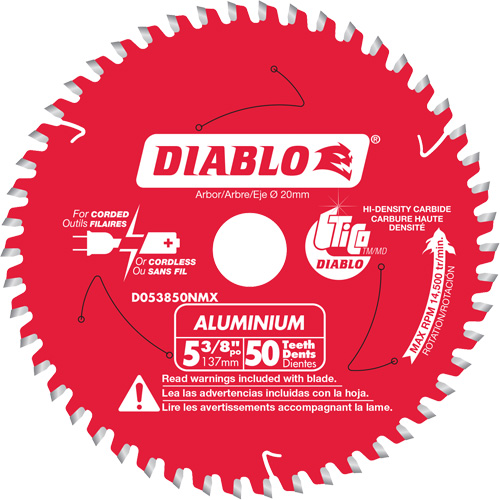 Aluminum Cutting Circular Saw Blade, 5-3/8", 50 Teeth, Plastic/Fibreglass/Non-Ferrous Use - Diablo D053850NMX
