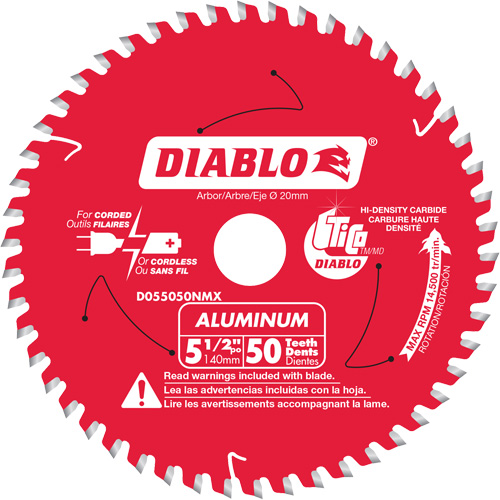 Aluminum Cutting Circular Saw Blade, 5-1/2", 50 Teeth, Plastic/Fibreglass/Non-Ferrous Use - Diablo D055050NMX