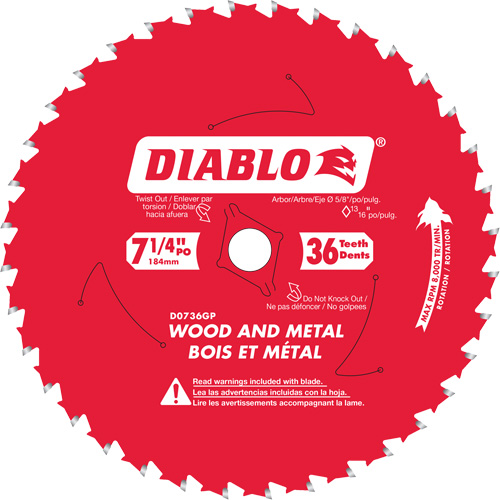 Circular Saw Blade, 7-1/4", 36 Teeth, Metal/Wood Use - Diablo D0736GPA