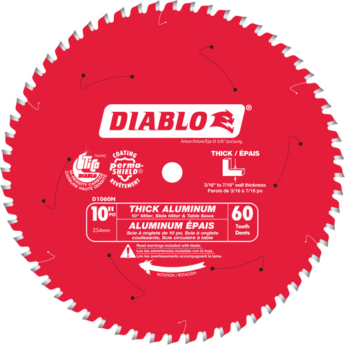 Thick Aluminum Cutting Circular Saw Blade, 10", 60 Teeth, Plastic/Fibreglass/Non-Ferrous Use - Diablo D1060N