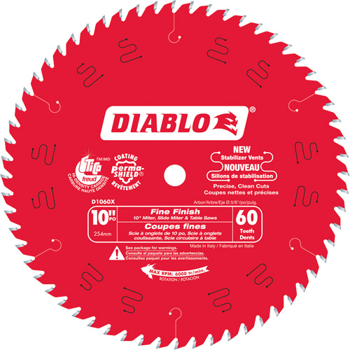 Lame de scie circulaire &agrave; finition fine, 10", 60 dents, Pour Stratifi&eacute;/Bois - Diablo D1060X