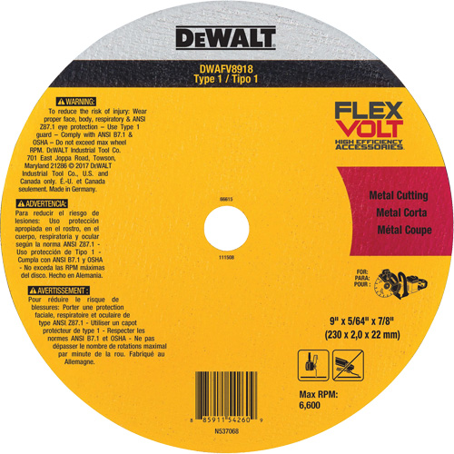 Meule de tronçonnage des m&eacute;taux FlexVolt, 9-1/16" x 0,078", Arbre 22,23 mm, C&eacute;ramique, Type 1 - DEWALT DWAFV8918