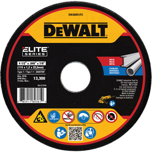Meule de tronçonnage des m&eacute;taux XP, 4-1/2" x 0,045", Arbre 7/8", C&eacute;ramique, Type 1 - DEWALT DWA8951FC