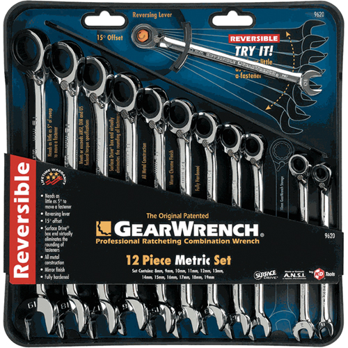Jeu de cl&eacute;s &agrave; cliquet r&eacute;versible, Combinaison, 12 morceaux, M&eacute;trique - Gearwrench 9620N