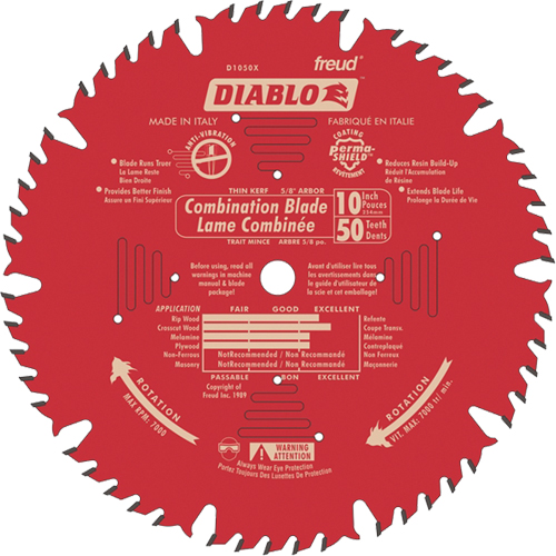 Lames de scie pour entrepreneur - Lames de scie combinaison, 10", 50 dents, Pour Bois - Diablo D1050X