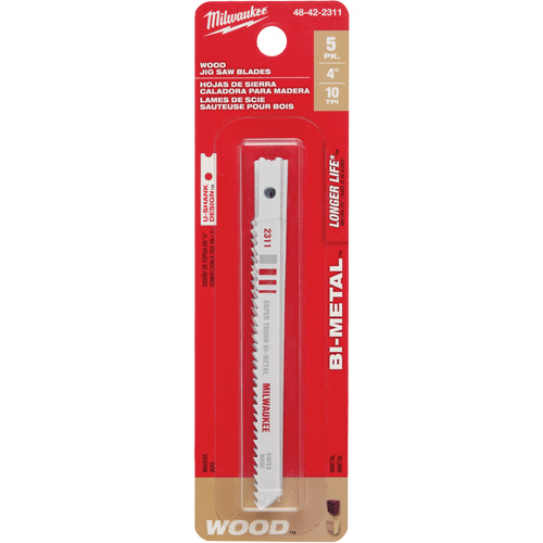 Lames de scie sauteuse, Bim&eacute;tal, Tige en U, 4" lo, 10 dents par pouce - Milwaukee 48-42-2311